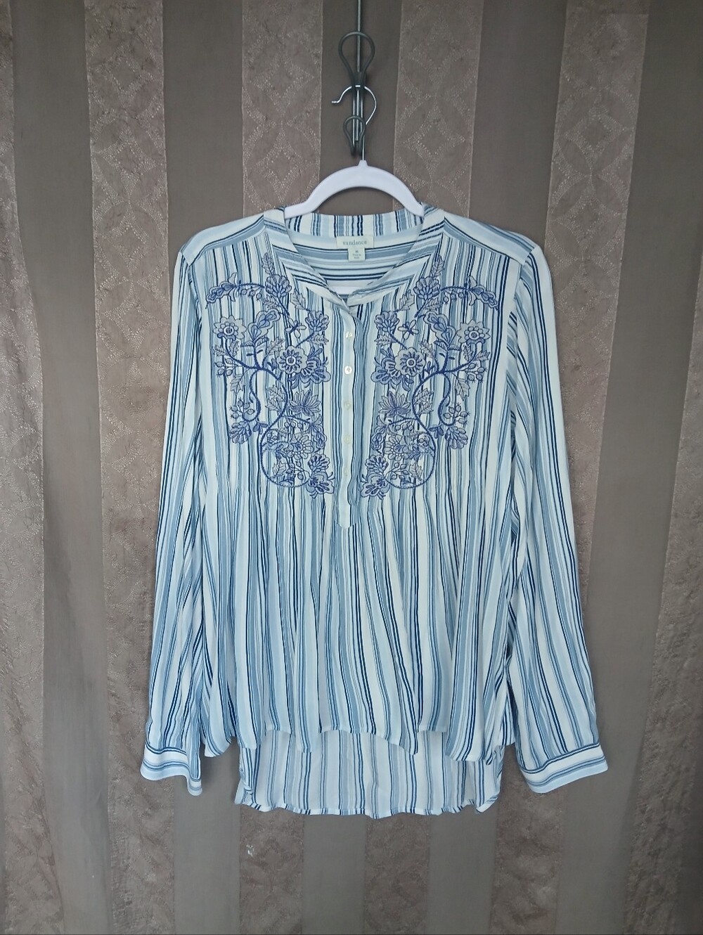 💎 Sundance Women's Top Blue Striped Embroidered Peasant Blouse